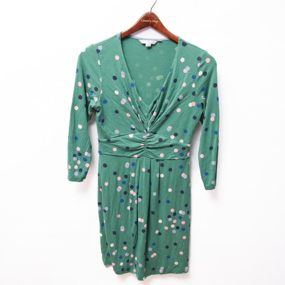 Boden Green Polka Dot Jersey Spring Dress Deep V Ruched Bust Stretch Size 6